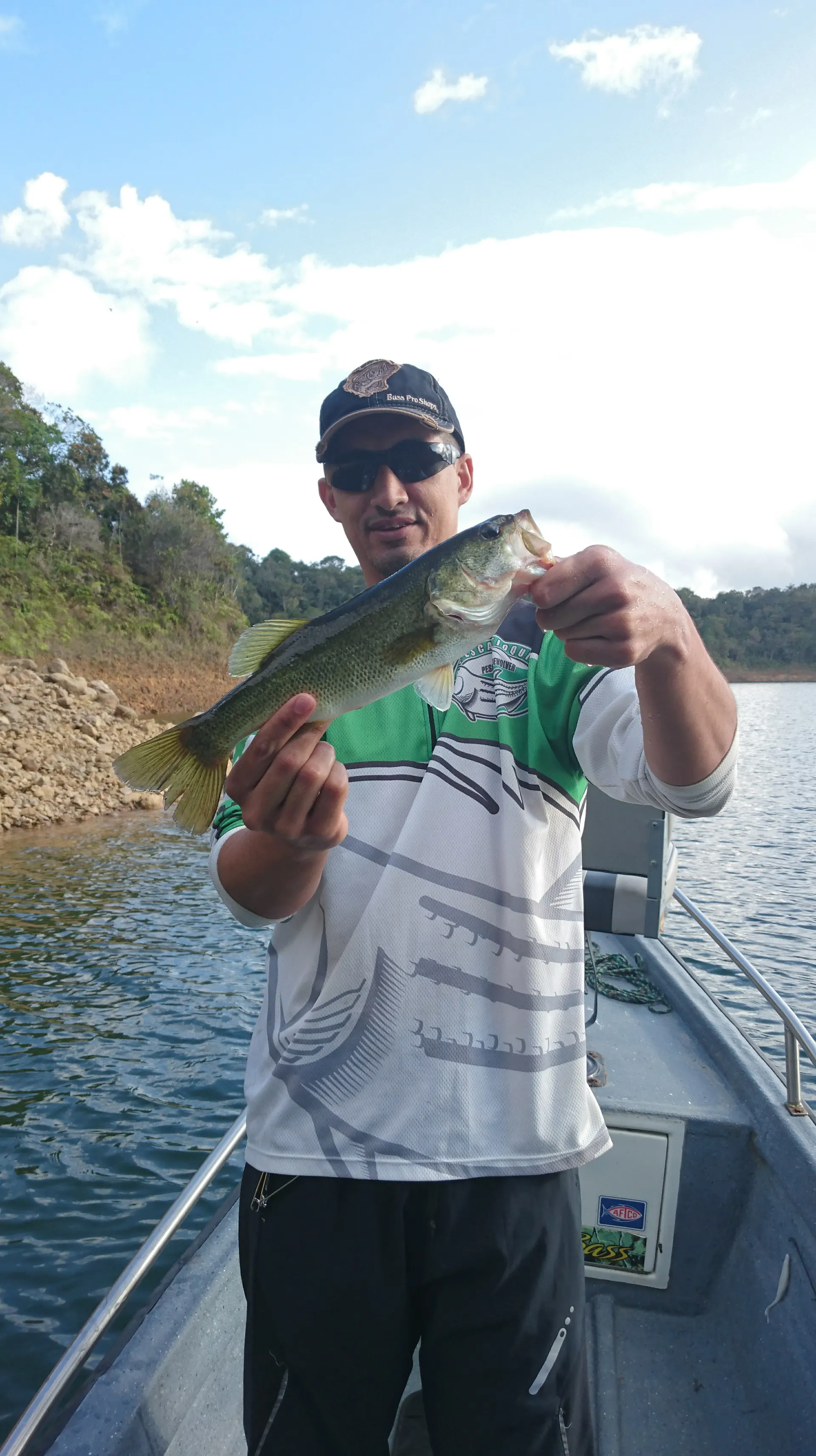 Un pescador libera un black bass de vuelta al agua desde el bote.
