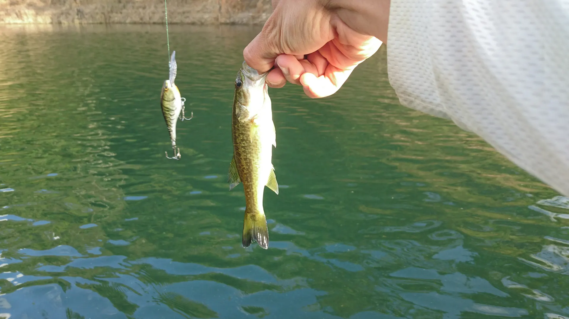 Un pescador sonríe sosteniendo su captura de black bass en el embalse.