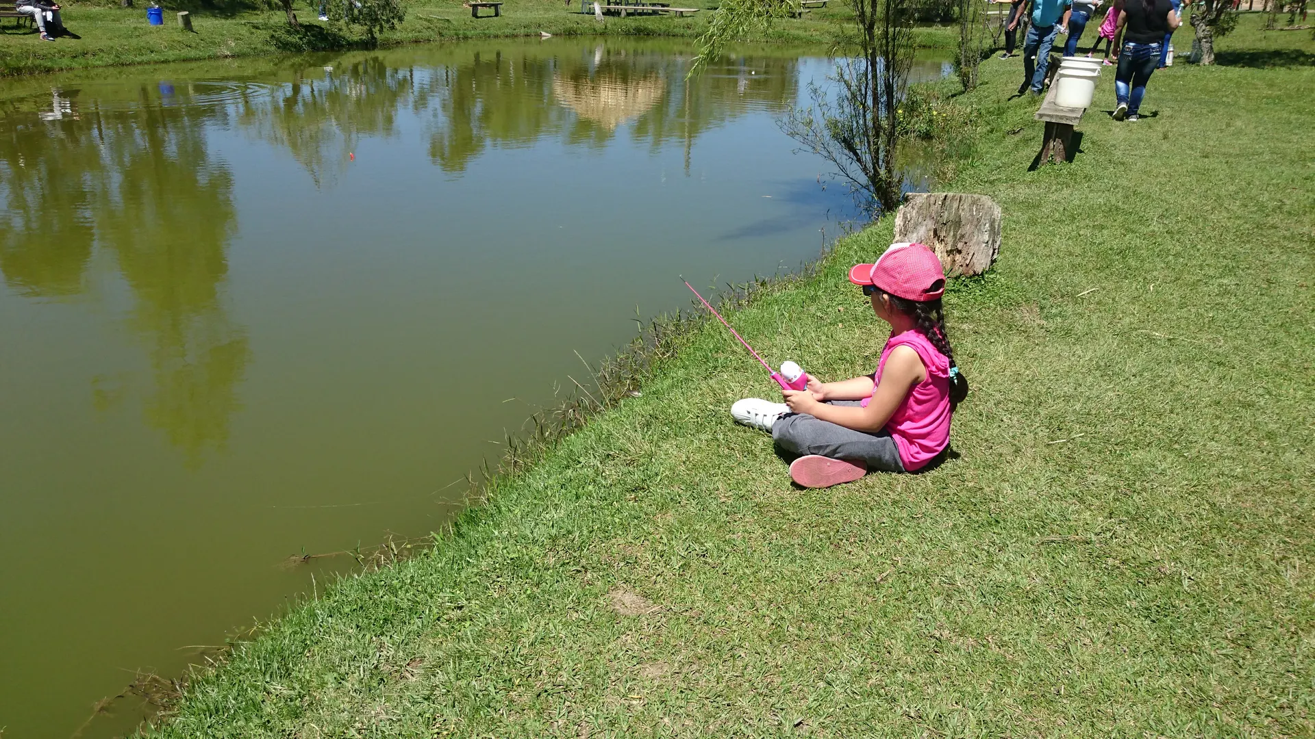 Una niña vestida de rosado, sentada en el pasto a la orilla de un lago, pesca con una caña rosada mientras otras personas pescan al fondo.