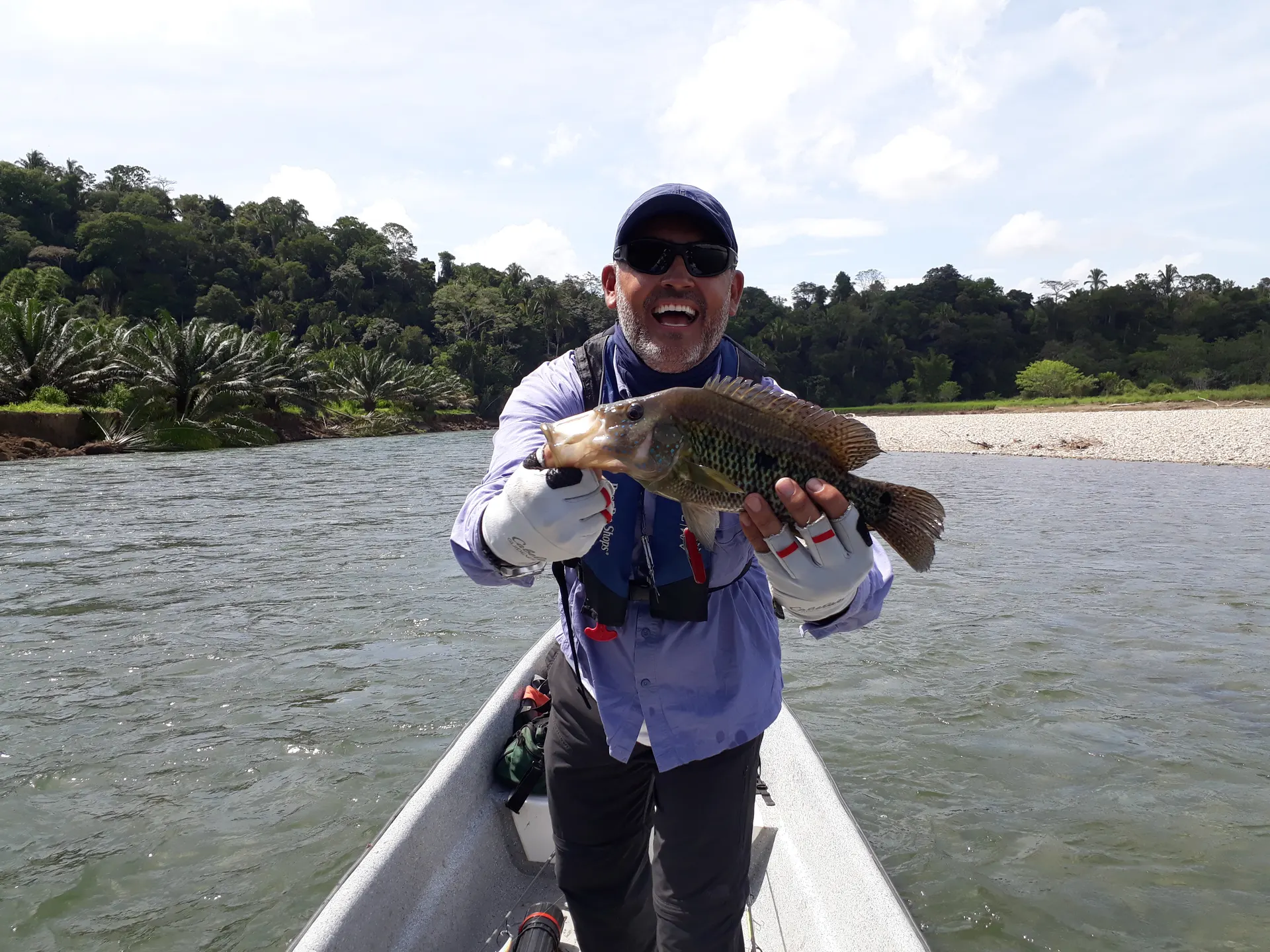 El río La Miel visto desde la orilla, con aguas de color té corriendo entre la vegetación.