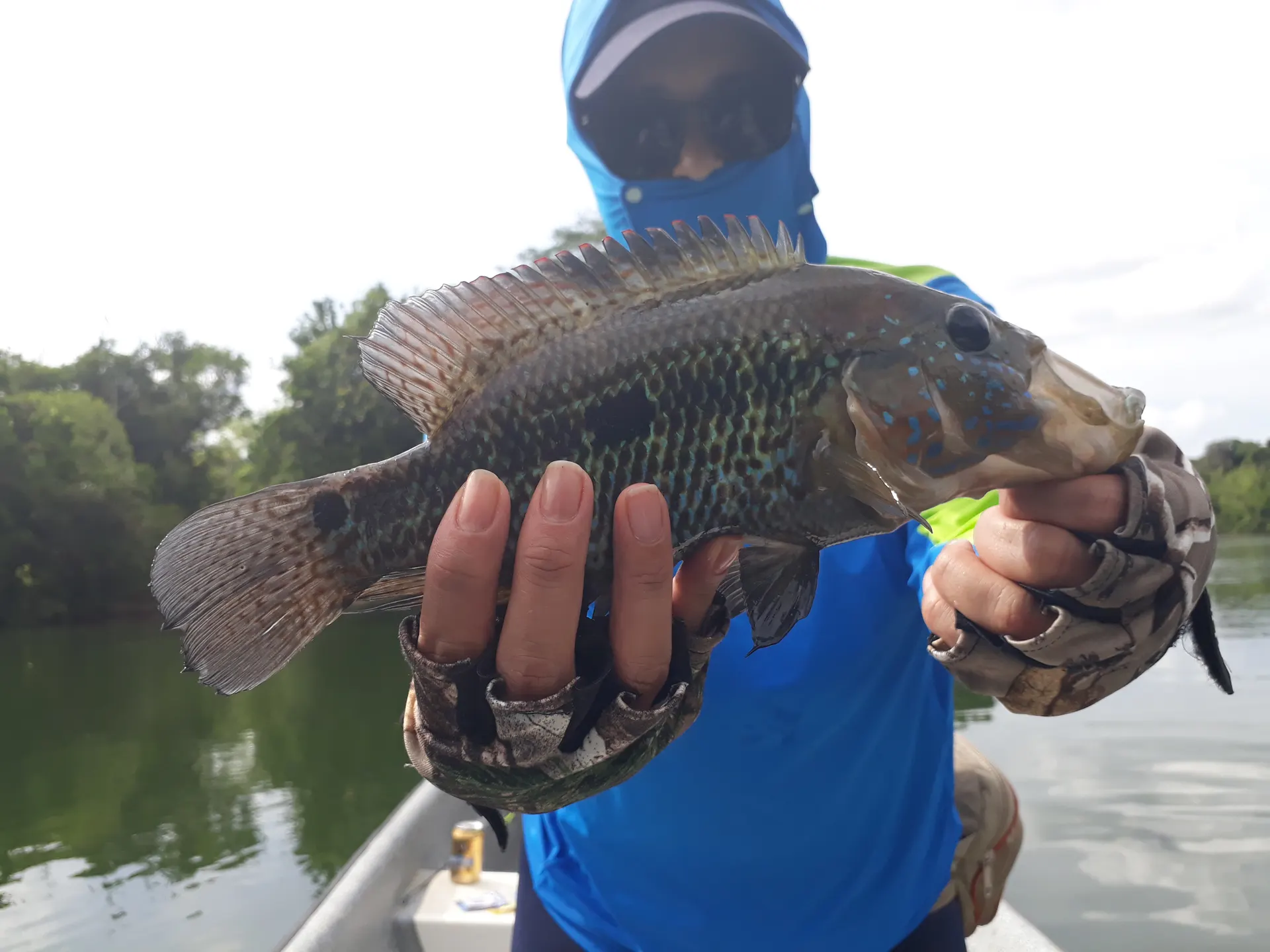 Un pescador lanza su caña desde una roca en la orilla del río.