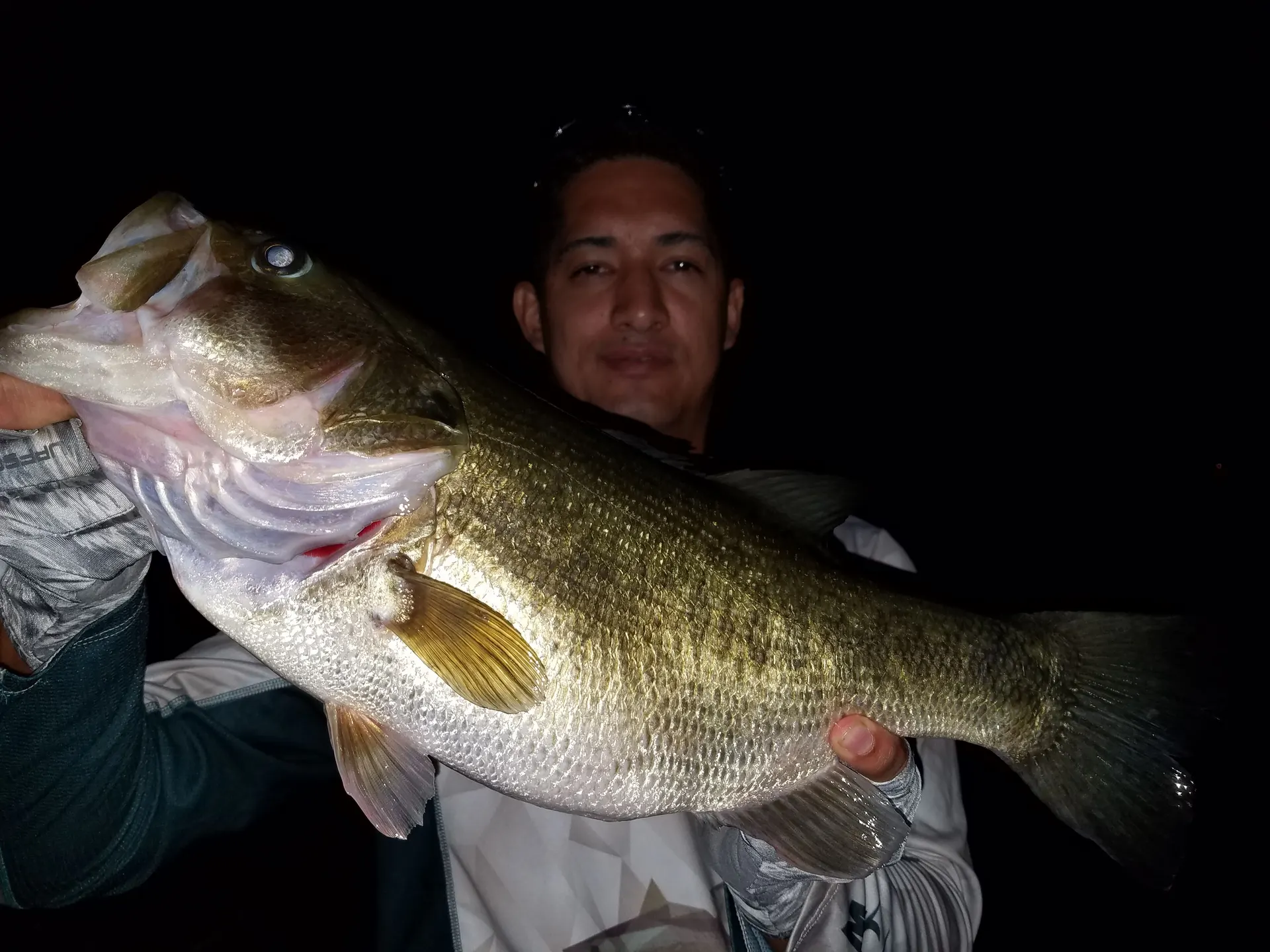 Richie White, el guía de pesca, sostiene un gran black bass bajo la luz de las linternas.
