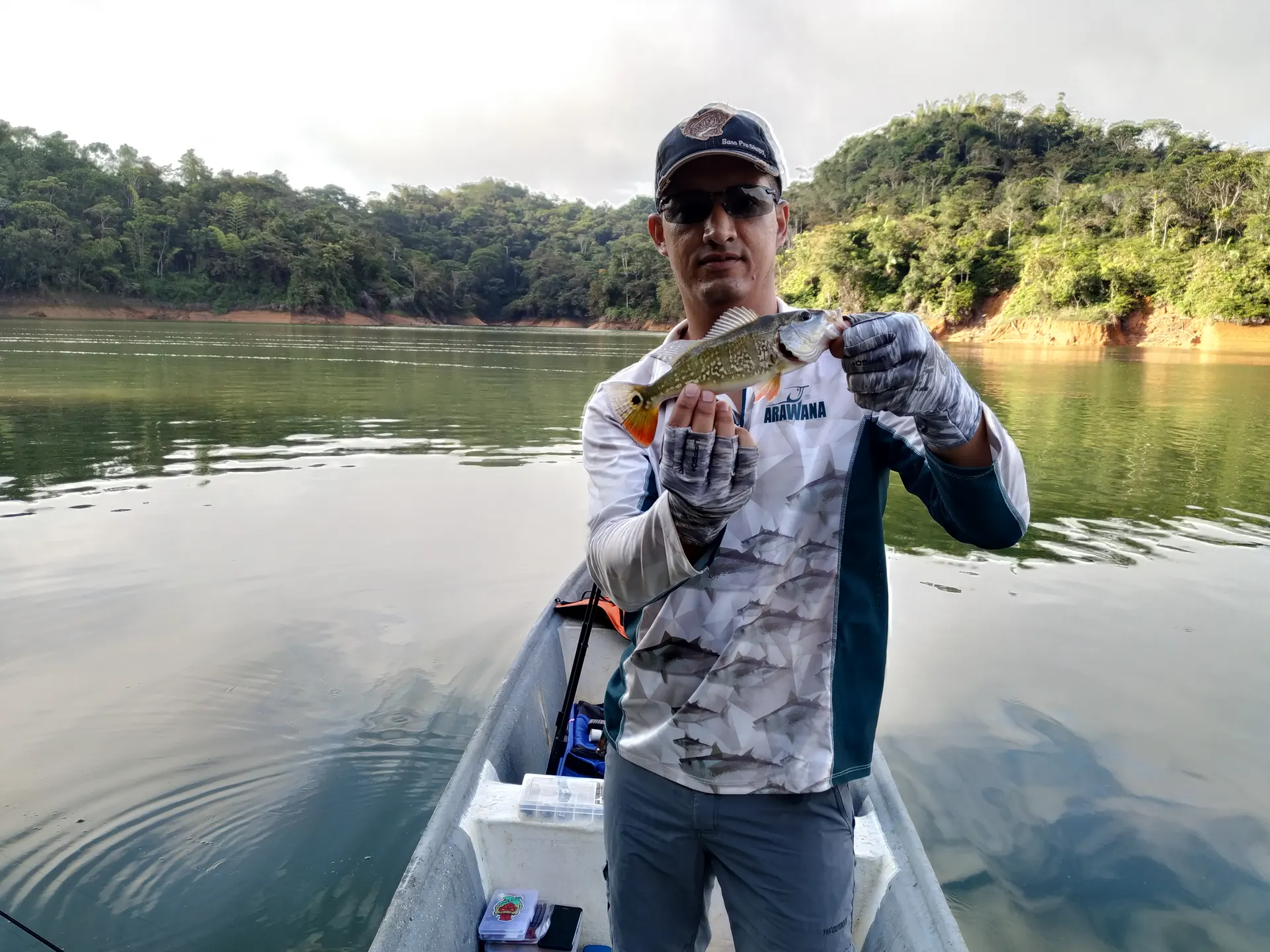 El embalse de Playas en la mañana con niebla ligera sobre el agua rodeada de selva.
