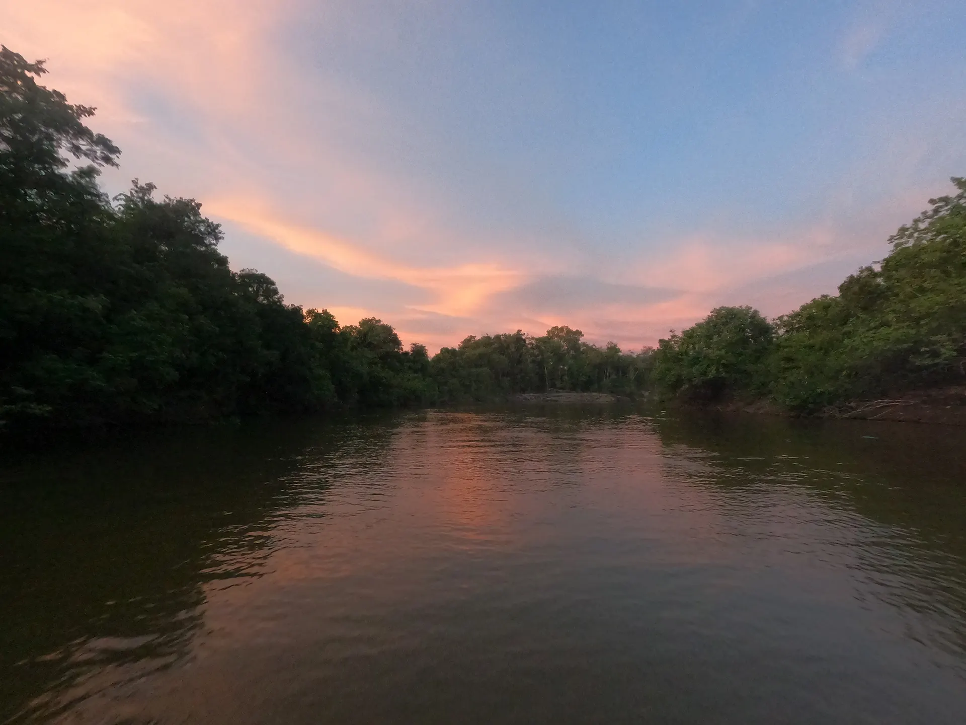 Un río al atardecer entre vegetación selvática, con nubes rosadas reflejadas en el agua quieta.